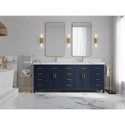 Cambridge 84 In. W X 22 In. D Double Sink Bathroom Vanity In Hale Navy Blue With 2 In. Quartz