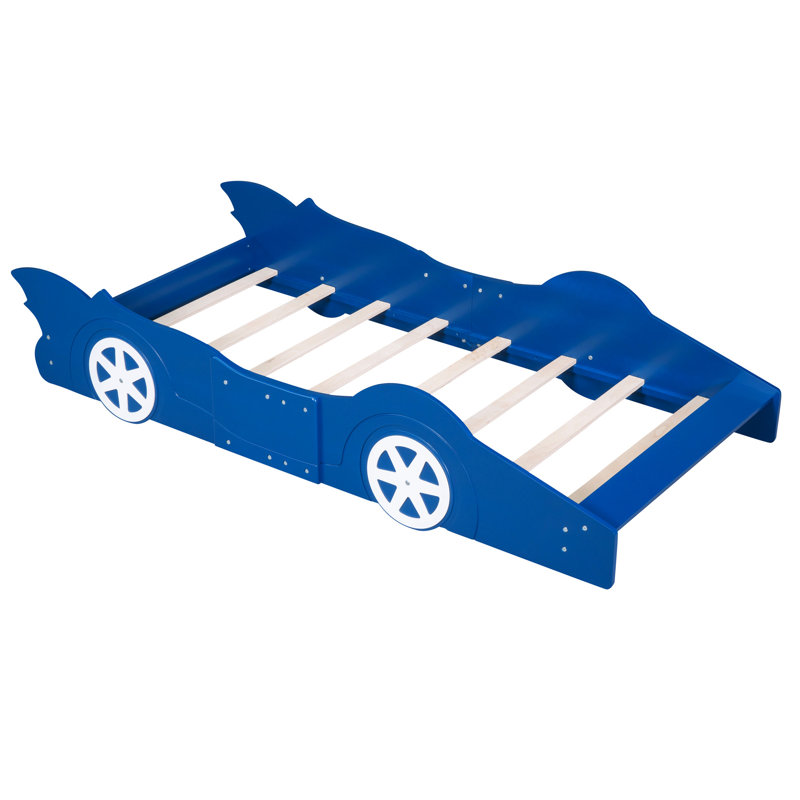 Twin Race Car-Shaped Platform Bed With Rotating Wheel Assembly - And Fashionable Size Car Secure Wheels, Functional, Blue