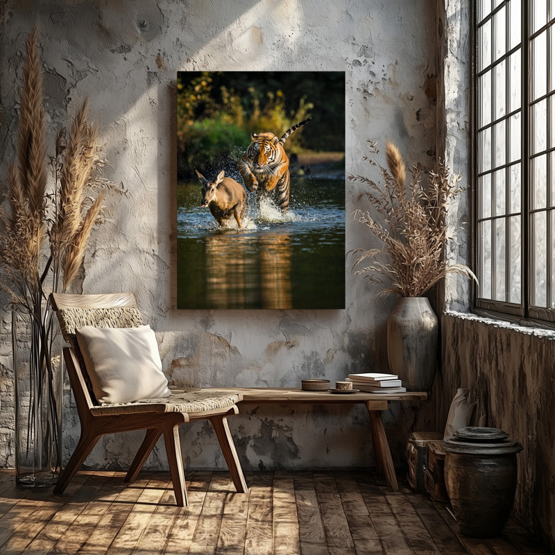 Toile, scène dynamique capturant un tigre puissant sautant à travers une eau peu profonde, H 24 po x l 18 po