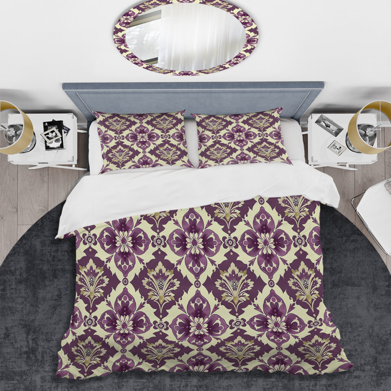 Ensemble de housse de couette Grape Purple Damask Bliss IV - Transitional, Housse de couette simple et deux taies décorative