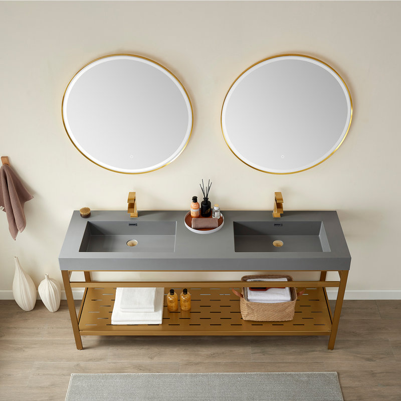 Ensemble de meuble-lavabo double 72 po avec miroir Junious, Or brossé, Or, Blanc