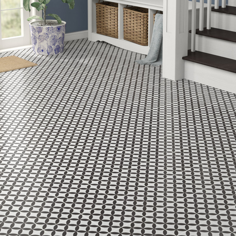 Encausto 8" x 8" Porcelain Field Tile, White/Dark Gray