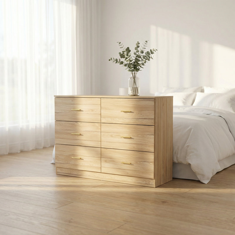 Commode de chambre moderne à six tiroirs avec rangement spacieux et design épuré pour les espaces de vie organisés, Naturel