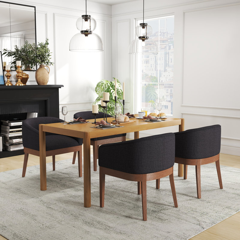 Modern Farmhouse Dining Set，Solid Wood Table & Upholstered Barrel Chairs，5/7 Piece Kitchen Set In Black/Brown, Brown