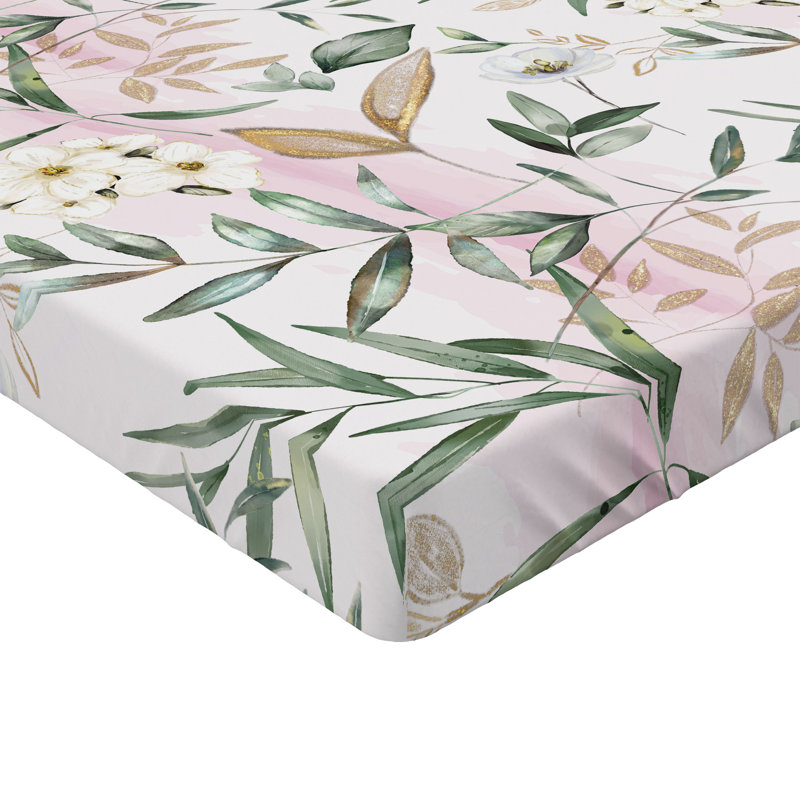 Drap-housse rustique Ambesonne, Soft Pink/Peacock Green Floral, Full Fitted Sheet