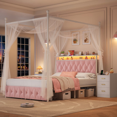 Ensemble de chambre à coucher pour enfants: cadre de lit à baldaquin à DEL avec ports de charge + 2 tables de chevet avec prises et tiroirs (Whisper-Soft Pink, tailles F)