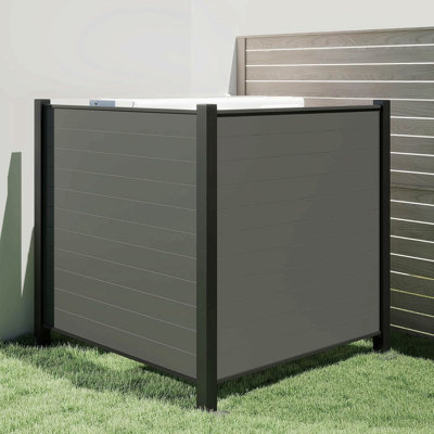 Écrans d'intimité extérieurs, clôture de climatiseur de l 50 po x H 50 po, enceinte de poubelle avec piquets en métal, clôtures décoratives en métal pour patio de jardin (2 panneaux, noir)