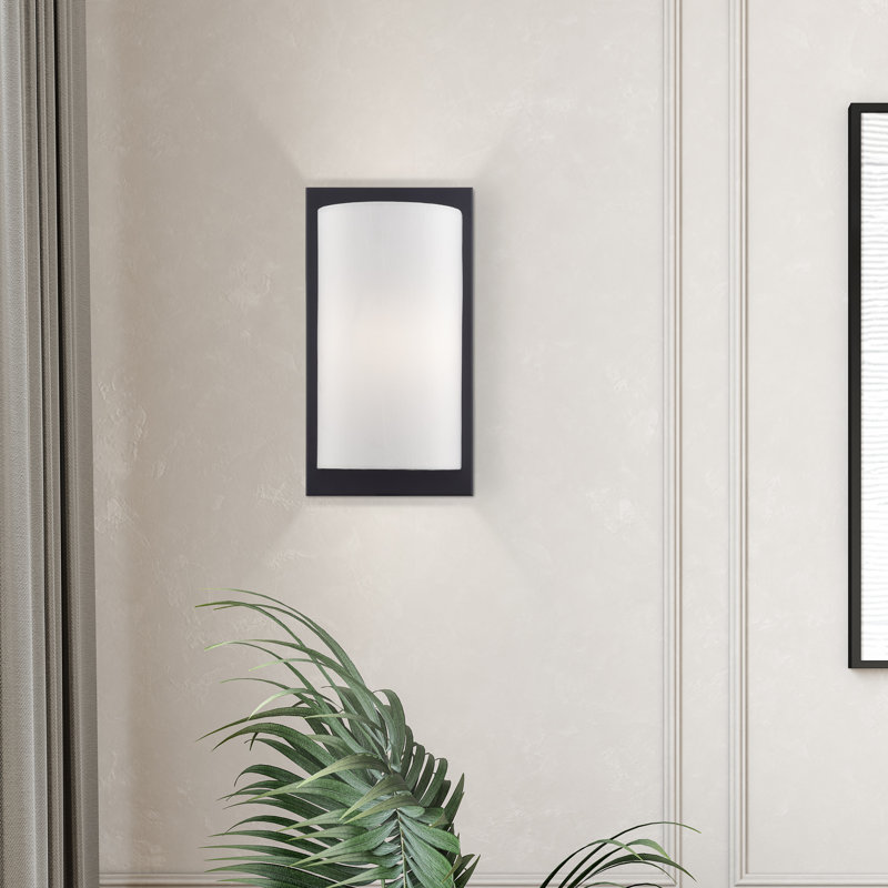 1 Light Antique Brass ADA Sconce With Hand Crafted Off-White Fabric Shade, Black
