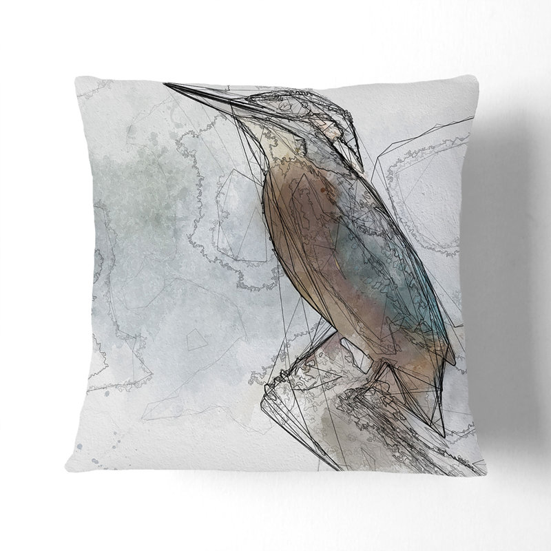 Graceful Kingfisher Bird Sketch Cushion with Filling, 55cm H x 55cm W x 20cm D