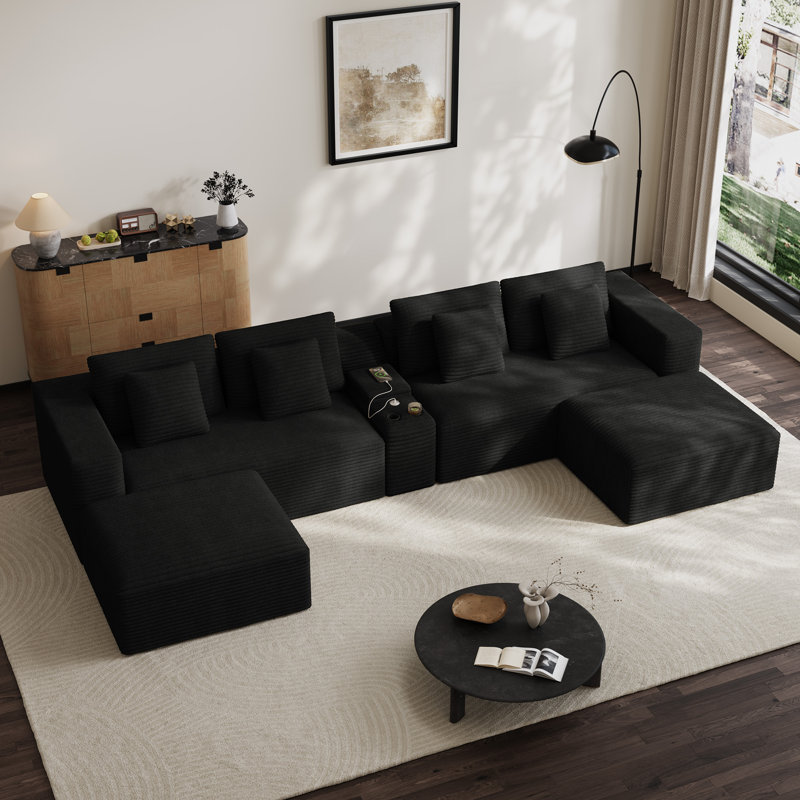 Canapé modulaire surdimensionné en velours côtelé avec console USB et porte-gobelets, Black Chenille
