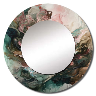 Osnat Pink Green Inner Worlds Of Marble III - Geometric Unique Wall Mirror, Pink Round Mirror, Printed Metal Art