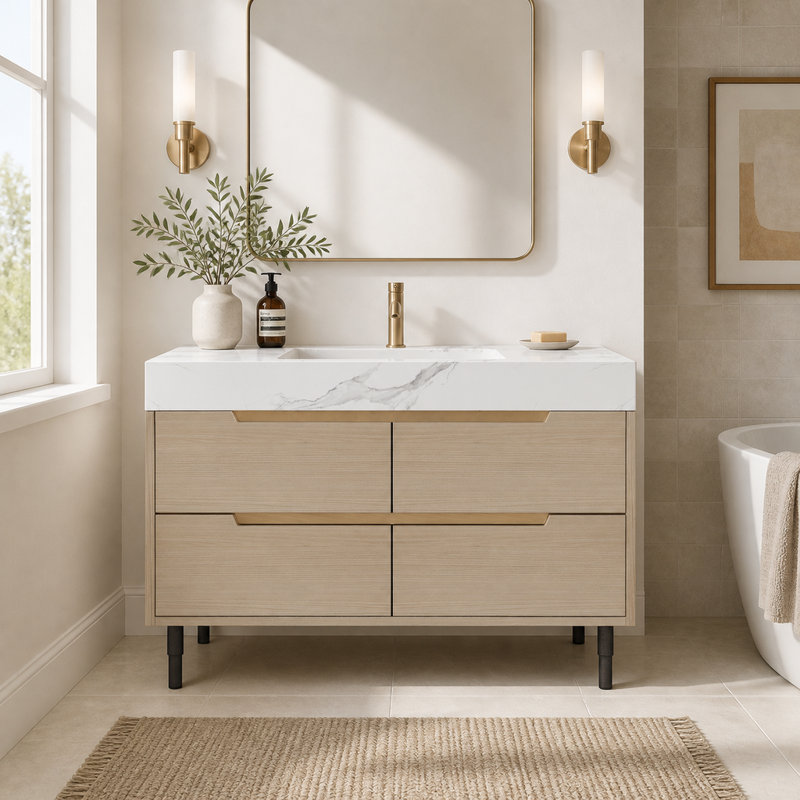 Meuble-lavabo moderne de 89 cm (35,05 po) avec lavabo encastré, comptoir en pierre frittée, bois massif multicouche imperméable, 4 tiroirs, autoportant ou mural
