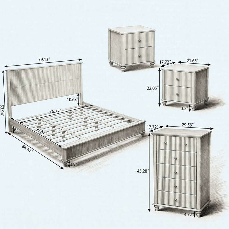 Ensemble de chambre à coucher 4 pièces avec lit plateforme très grand Kernie, 2 tables de chevet cannelées et commode 5 tiroirs