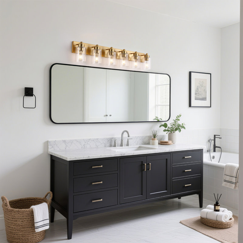 Stover Seeded Glass/Iron Modern Contemporary LED Vanity Light, 6 Lights, Brass Gold