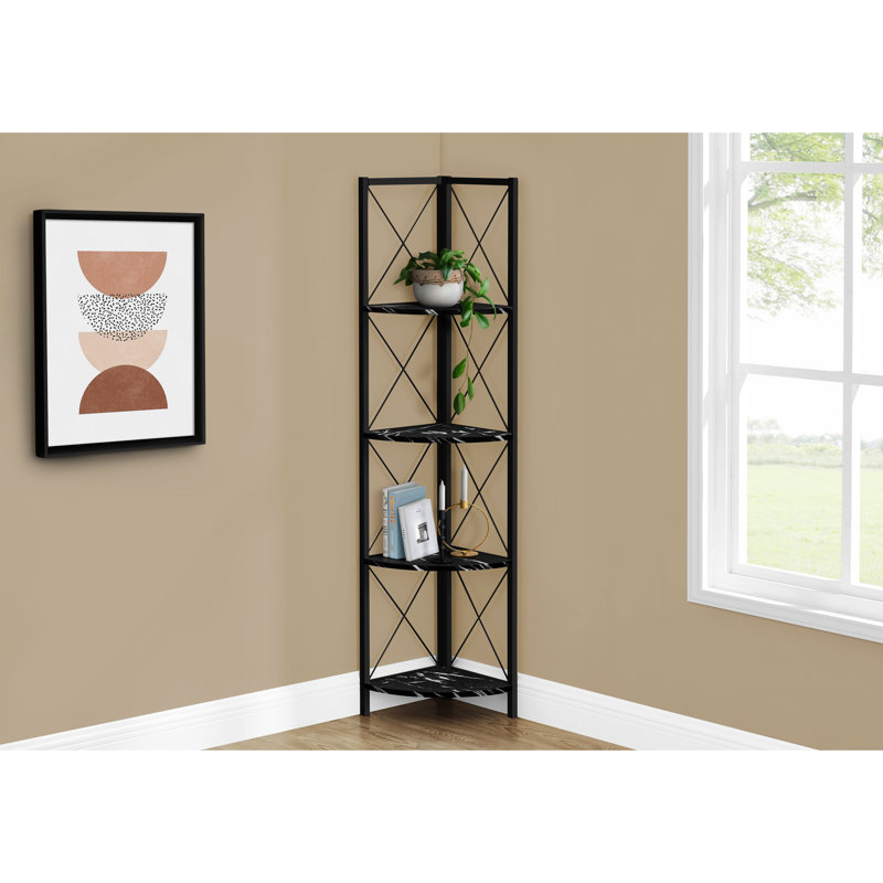 Contemporary 4 Tier Bookcase With Black Marble Appearance For Office & Bedroom Display Metal Marble-Like Surface Organization