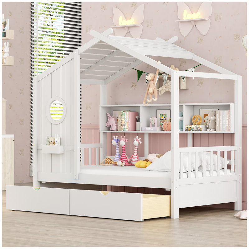 Lit en bois avec 2 tiroirs, lit pour enfant avec tablette de rangement, Twin, Blanc