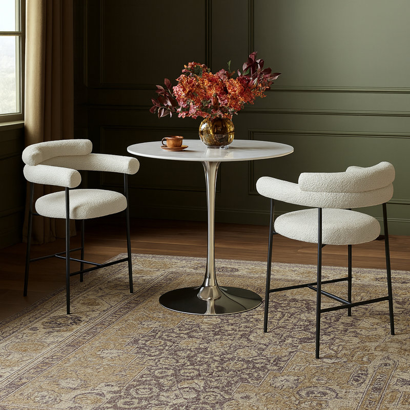 Holly Round Marble Counter height Bar Table, Silver
