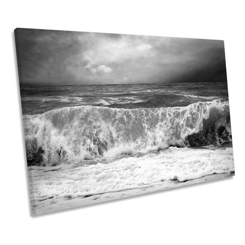 Stormy Beach Wave Seascape B&W - Wrapped Canvas Print, 91.4cm H x 137.2cm W x 4cm D