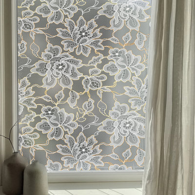 French Retro Faux Gold Edge White Floral Lace Window Film