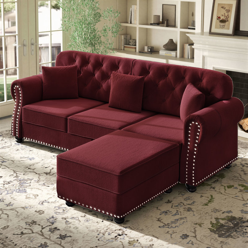 Canapé modulaire en velours de campagne avec repose-pieds Annalease Chesterfield, 33 po H x 82 po L x 29 po P, Rouge