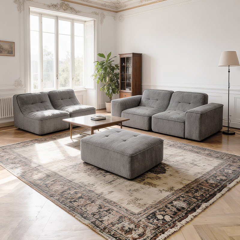 Canapé modulaire modulaire avec repose-pieds et méridienne amovibles, canapé capitonné profond, Gris chenille