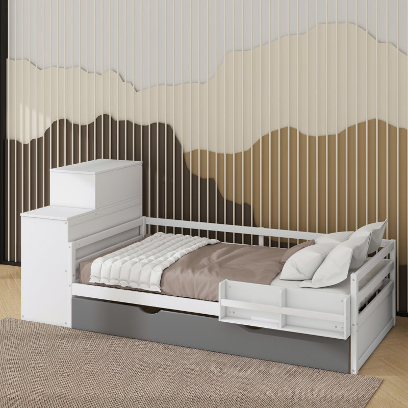 Lit plateforme simple en bois avec bibliothèque pour échantillon et garde-robe, lit multifonctionnel avec lit gigogne, Blanc