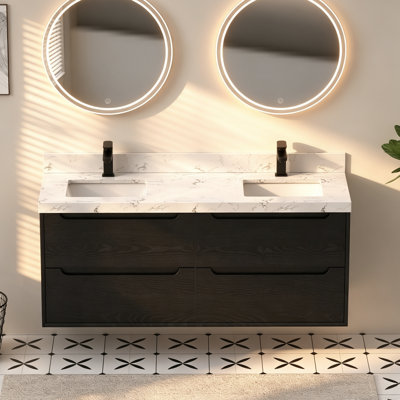 Dessus de meuble-lavabo blanc en pierre 60 po avec double lavabo rectangulaire en céramique et dosseret de 4 po