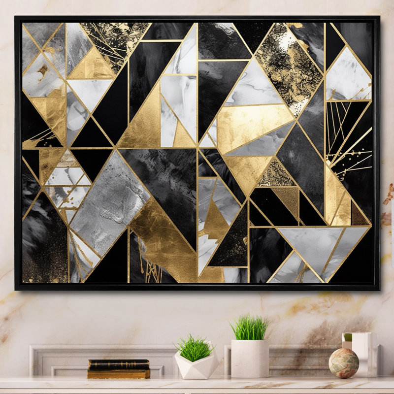 «Clariandra Gold», impression géométrique sur toile, H 24 po x l 32 po x P 1 po, Cadre flottant noir