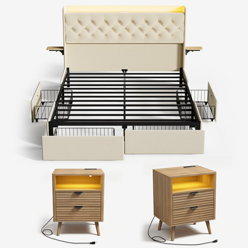 3 Piece Bedroom Sets, Upholstered Bed with 4 Drawers, Set of 2 Multifunctional Storage Nightstands, Beige/Oak, King