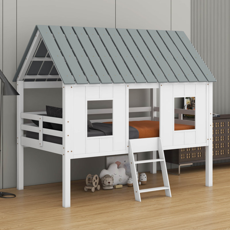 Lit mezzanine simple en forme de maison avec toit, lit mezzanine bas en bois avec rangement et 2 fenêtres à l'avant