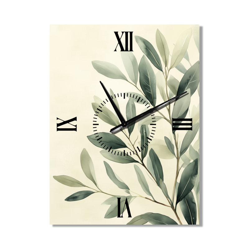 Horloge murale botanique en métal « Branche d'olivier d'eucalyptus doux II », H 32 po x l 24 po - Rectangle