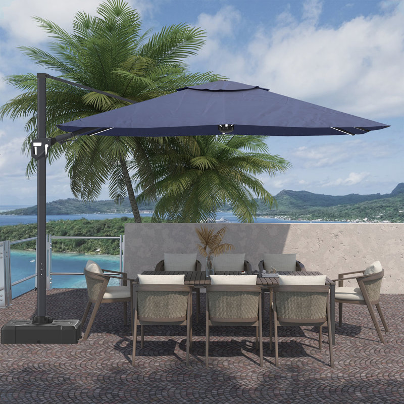 Parasol de patio en porte-à-faux carré 11 pi avec lumière DEL en bleu marine (sans base de parasol), Bleu
