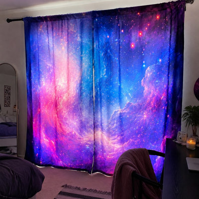 2Pcs Galaxy Nebula Curtains, light filtering fabric, vibrant cosmic print, sunshade and privacy protection, rod-pocket design, suitable for bedroom, living room, kids home decoration