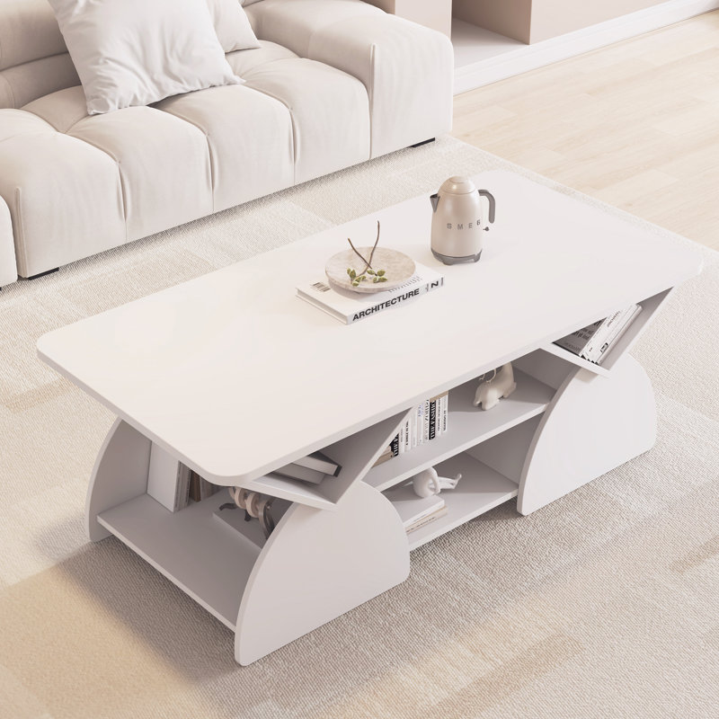 Modern Blue Rectangular Coffee Table With Rounded Corners, Open Storage Shelves & Sturdy Frame – Easy Assembly Geometric Design Table For Living Or Reception Room 