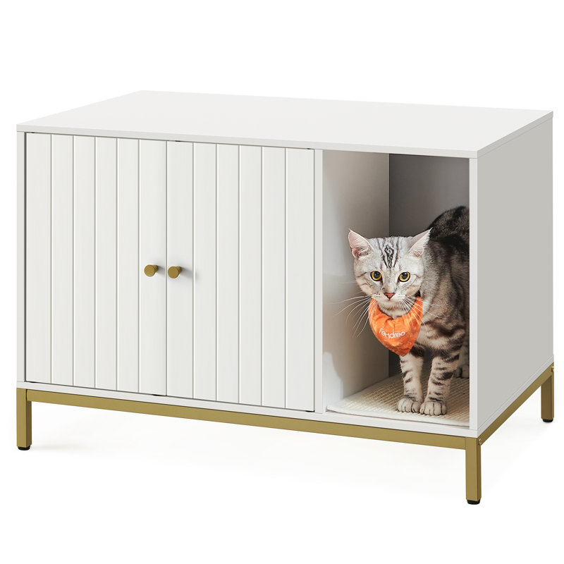Enceinte de litière pour chat avec tapis à griffer, Blanc / Blanc