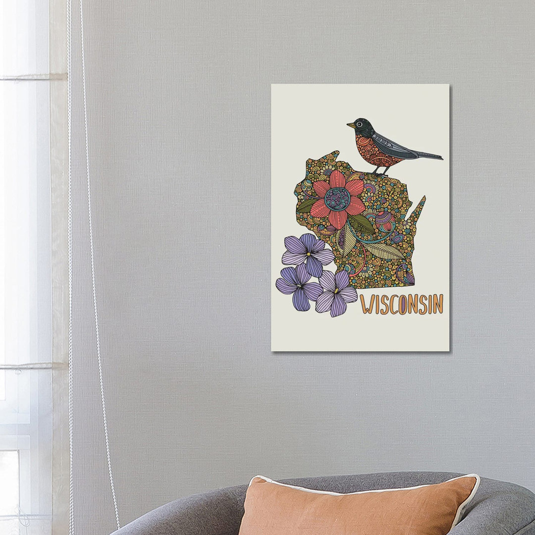 Wisconsin - State Bird And Flower von Valentina Harper - Galerie-verpackte Leinwand Giclée auf Leinwand