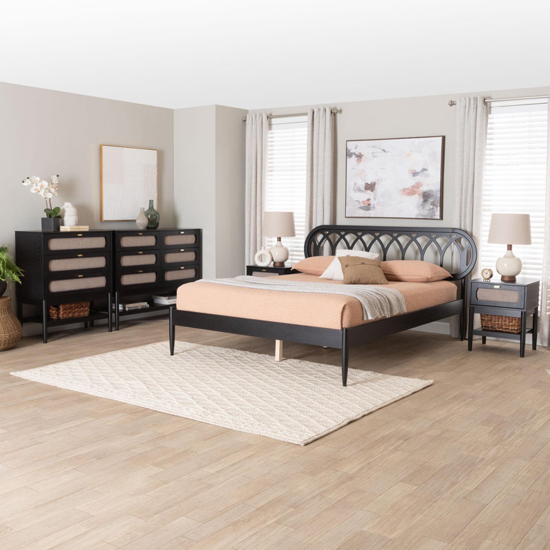 Kedzie Baxton Studio Florica Art Deco Black Wood Queen 5-Piece Bedroom Set
