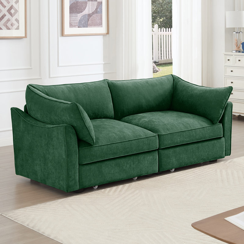 Canapé 2 places avec tiroirs de rangement coulissants, accoudoirs en forme de croissant et dossier enveloppant, idéal pour les petits salons, vert chenille