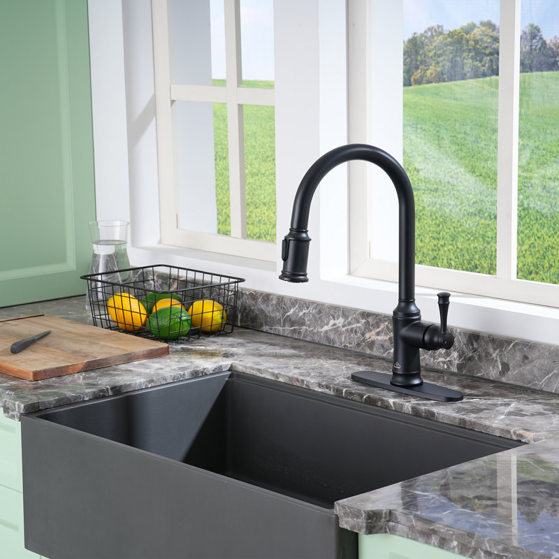 CASAINC 1.8 GPM Single-Handle Pull-Down Kitchen Faucet Single Hole Faucet, Matte Black