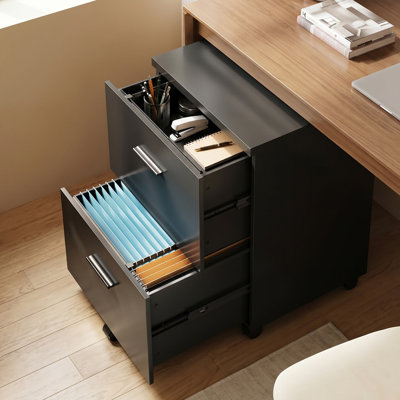 Classeur mobile à roulettes Ebern Designs 46,2 cm (18,2 po) de largeur, 2 tiroirs, en bois, idéal pour le bureau à domicile. Ce classeur à roulettes verrouillable convient aux formats lettre et légal et comprend un support pour imprimante avec rangement.