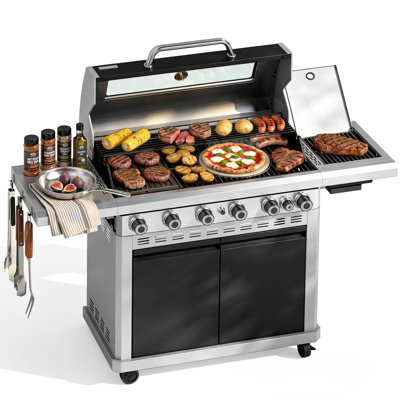 6-Burner Propane Gas Grill with Infrared Side Burner, Griddle, Pizza Stone, and Viewing Window