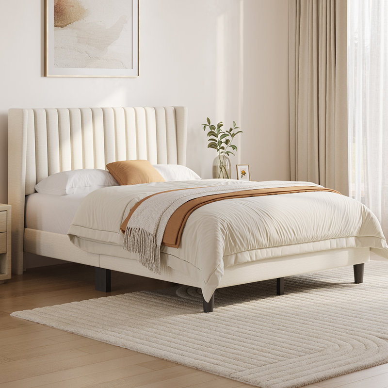Multi-sized Upholstered Bed Frame with Channel Tufted Headboard, Full, Ivory
