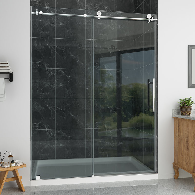 56"-60W"*74H"Single Sliding Frameless Shower Door with 3/8"(10mm) Clear SGCC Tempered Glass, Stainless Steel Accessories