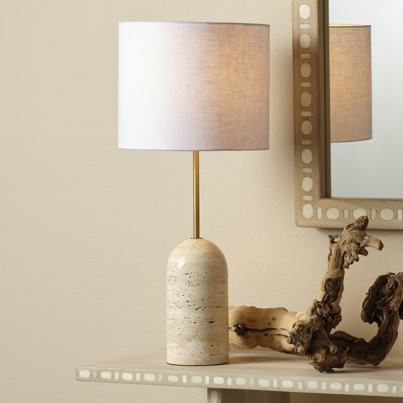Handcrafted Travertine Table Lamp with White Linen Shade