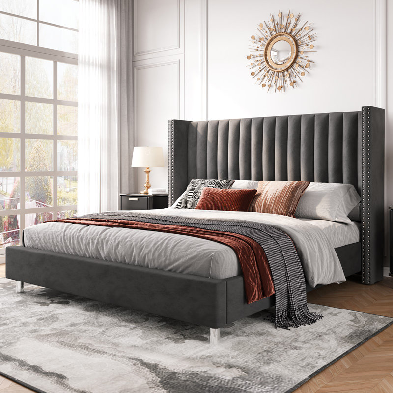 Lit plateforme tapissier gris foncé Addesyn, Grand, Gris foncé