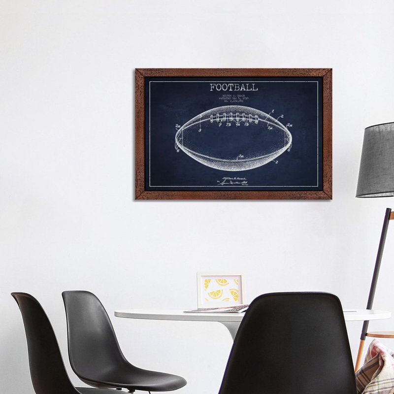 Football Navy Blue Patent Blueprint by Aged Pixel - Floater Frame Print on Canvas, 101.6 cm H x 66.04 cm W, Brown Framed