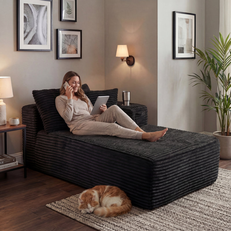 69" Wide Modern Open End Sofa With Left Armrest, Deep Seat Asymmetric Lounge Design, Black