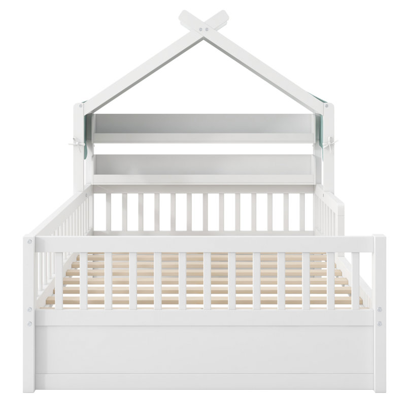 Lit simple en bois avec tête de lit et tablette de rangement, blanc, Twin, White