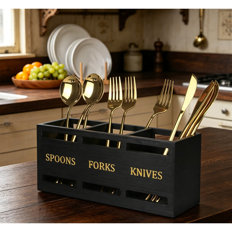 Organisateur de couverts en bois noir pour couverts, Black/Gold