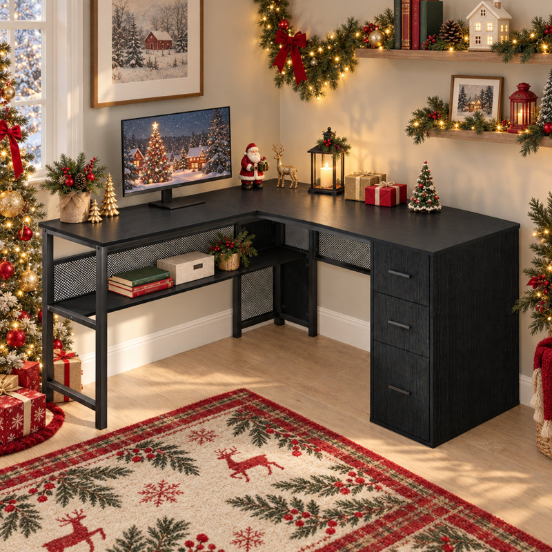 Bureau d'angle réversible de 150 cm (59,1 po) avec tiroir à dossiers suspendus et tablettes de rangement, Black